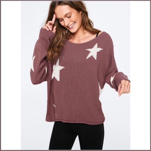 VS PINK Blush Pink Star Cropped Off The Shoulder Sweater - Picture 1 of 5